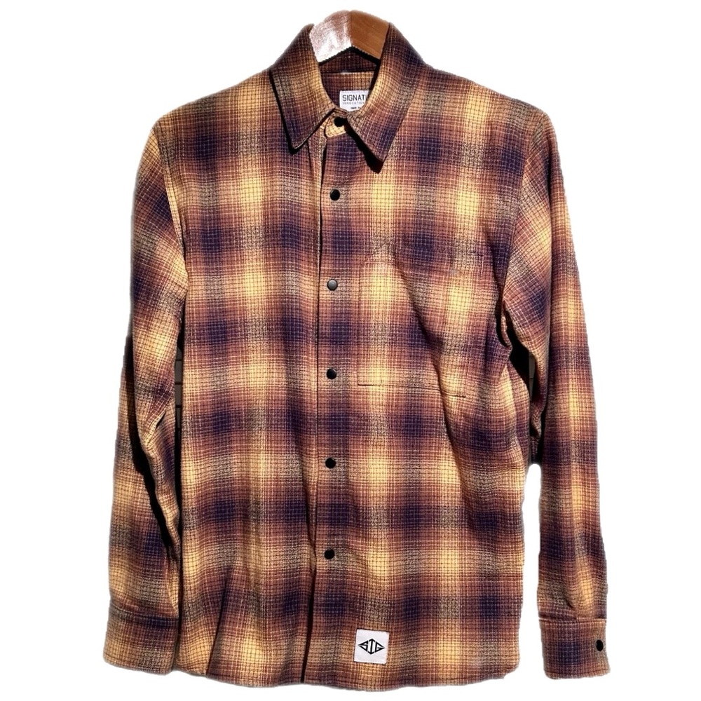 Signature Innovation Group Flannel Shirt Jacket Plaid Rust Small Snap USA Made